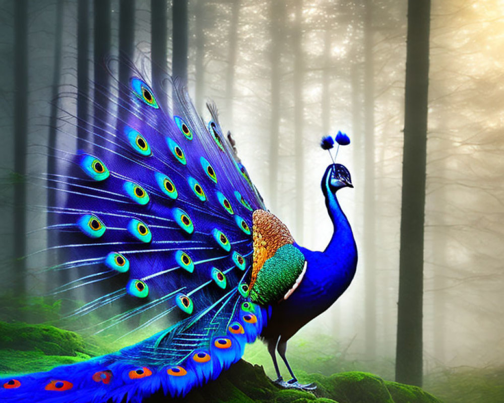 Colorful peacock in foggy forest with sunlight filtering through trees