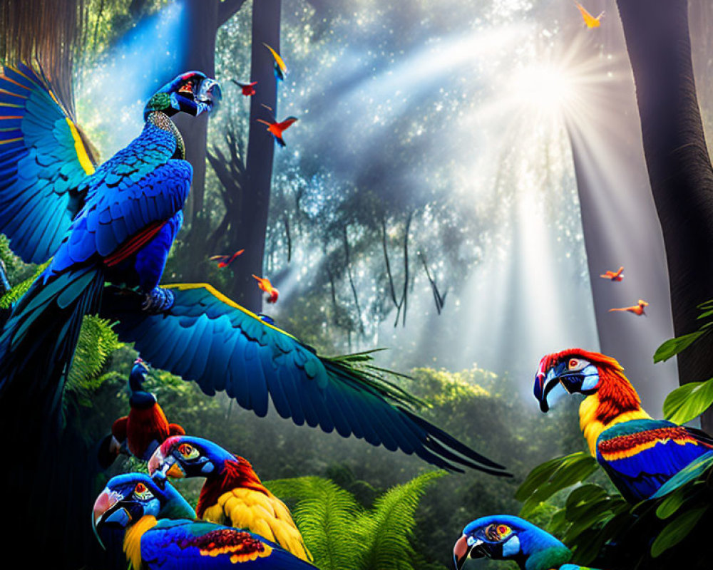 Colorful parrots and hummingbirds in lush forest with sunbeams.