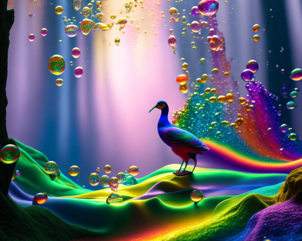Colorful Bird on Rainbow Path in Surreal Landscape