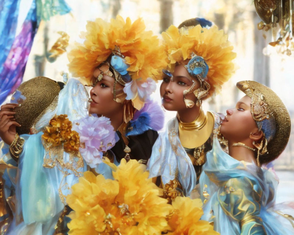 Three people in golden and blue costumes with feathered headdresses holding a mask at a festive event