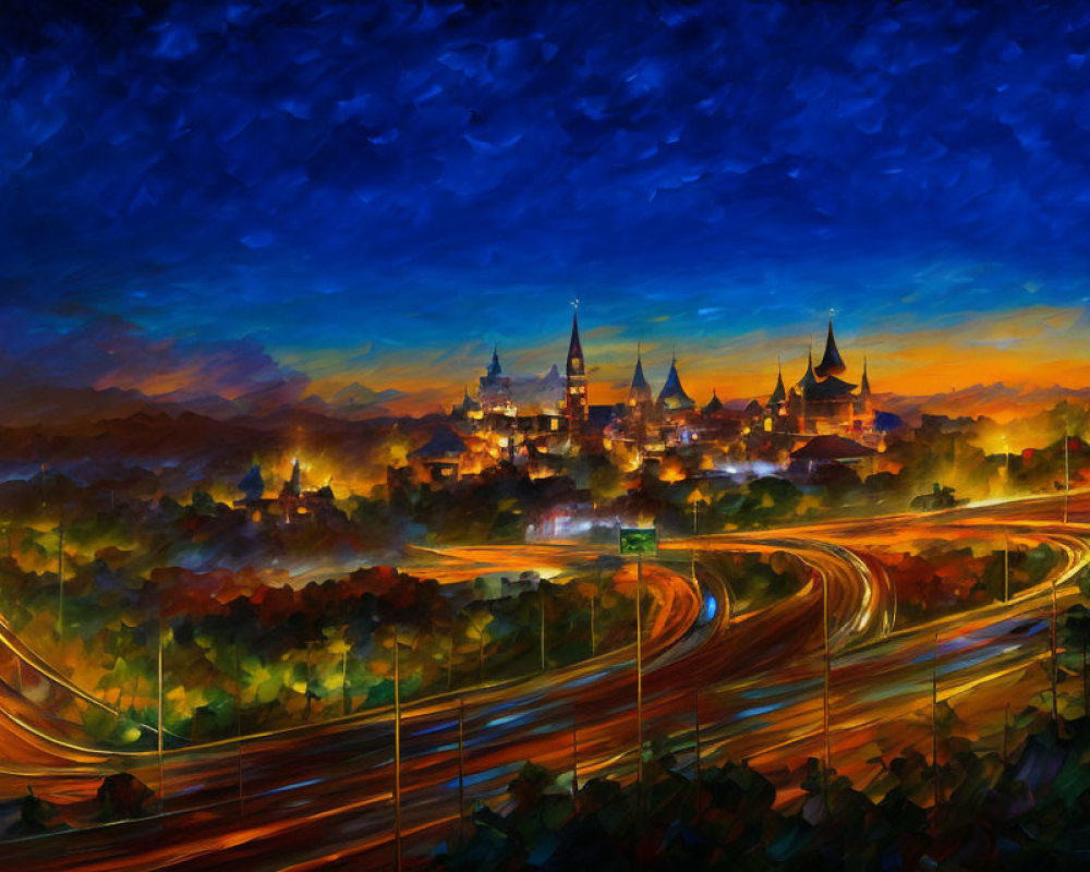 Impressionistic nighttime cityscape painting with vibrant colors