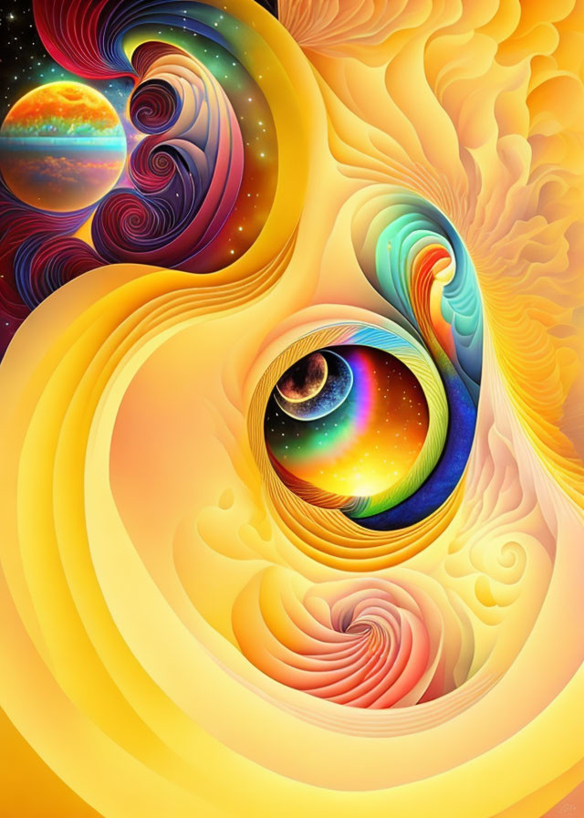 Colorful digital artwork with swirling patterns and celestial elements centered around an eye motif