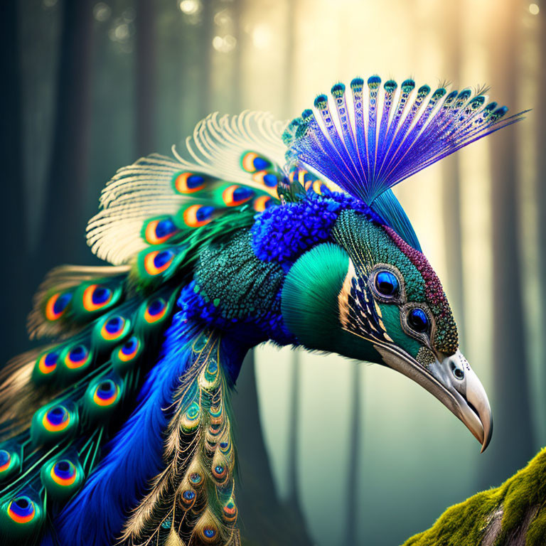 Colorful Peacock with Iridescent Tail Feathers in Forest Setting