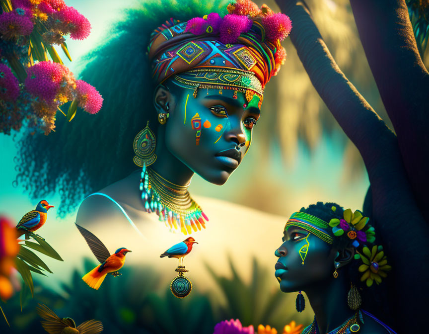Colorful tribal makeup and headwear on woman in lush foliage