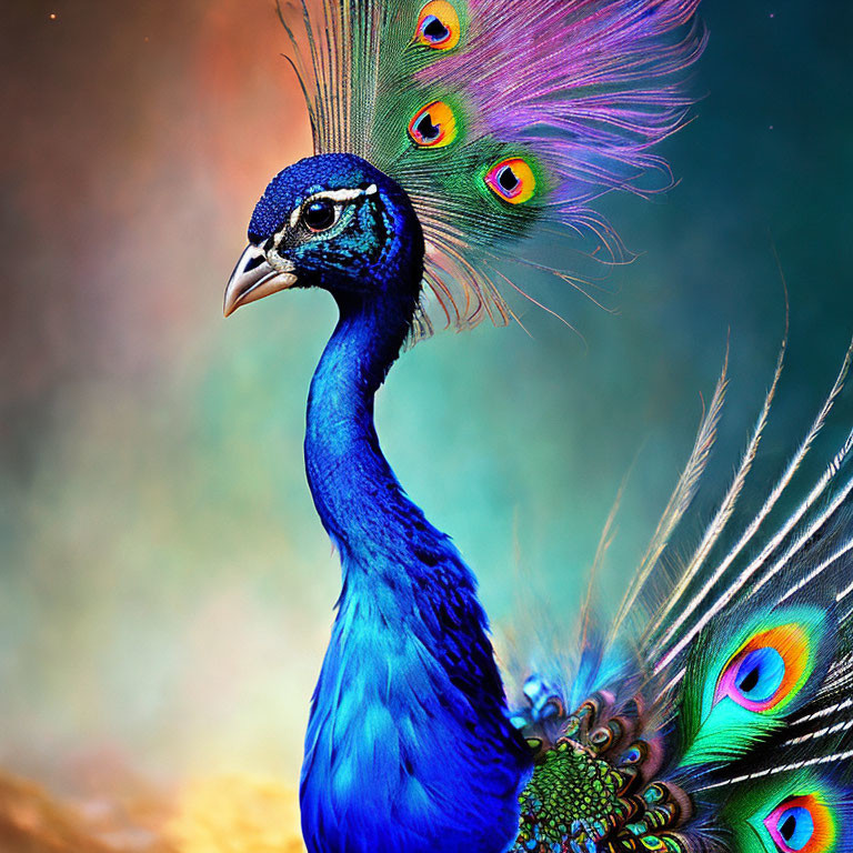 Colorful Peacock with Radiant Blue Neck and Tail Feathers