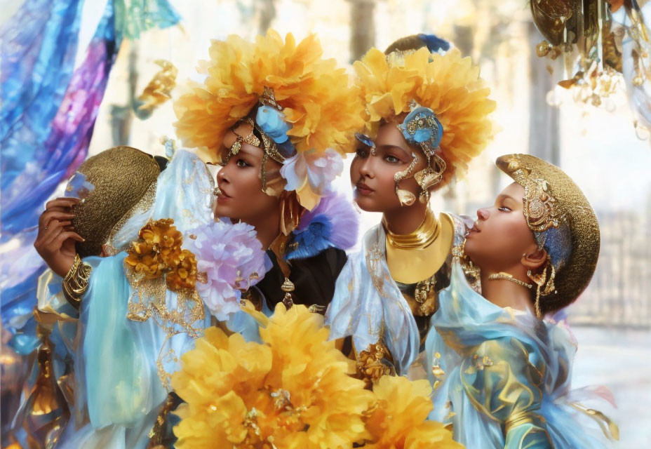 Three people in golden and blue costumes with feathered headdresses holding a mask at a festive event