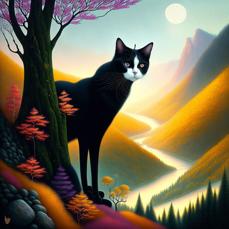 Surreal landscape featuring giant black and white cat overlooking valley