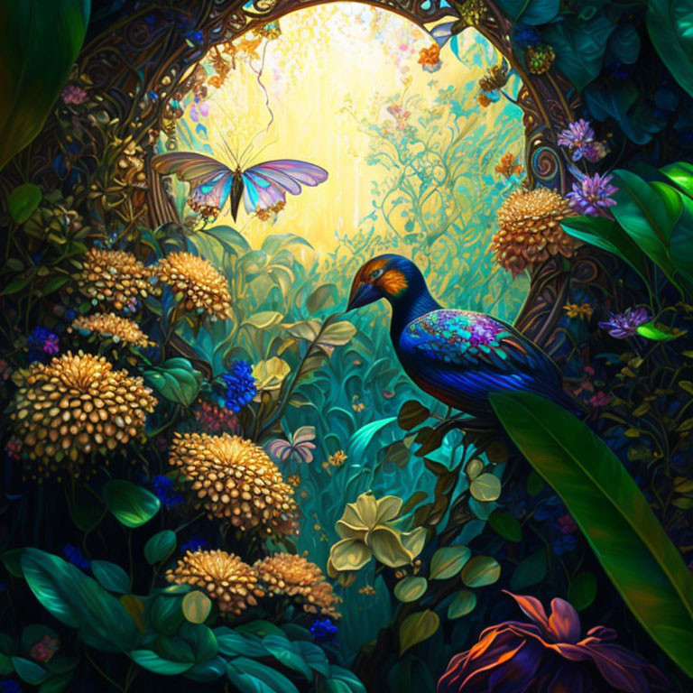 Colorful Peacock in Fantasy Garden with Flowers and Butterfly