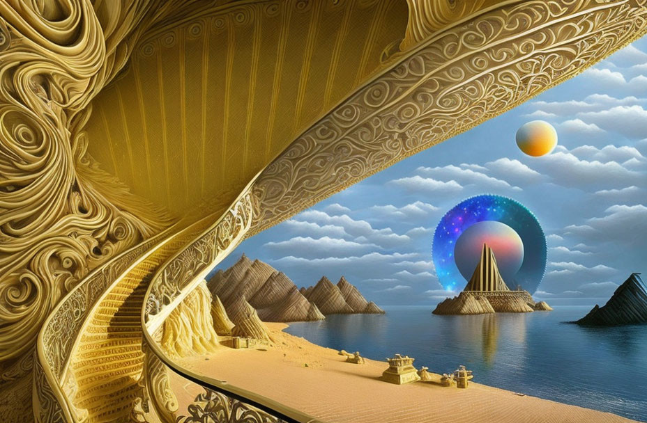 Fantastical landscape with golden swirls, pyramids, rainbow sphere, sandcastles, and