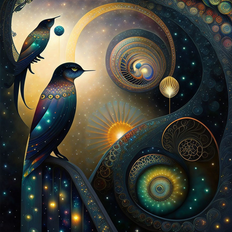 Iridescent bird digital art with cosmic swirls on starry background