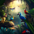 Colorful digital artwork featuring majestic mandrill monkey and companions in lush costumes.