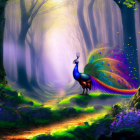 Colorful Bird on Rainbow Path in Surreal Landscape