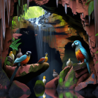 Vibrant cosmic landscape with waterfalls, foliage, birds, stars, candles, and moons