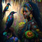 African woman with tribal makeup and peacocks in misty forest