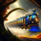 Steampunk-style train in cosmic landscape with blue and gold accents