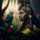 Illustrated portrait of woman with headwrap, jewelry, and colorful bird in tropical setting
