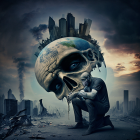 Surreal image: Giant skull with globe cranium, city buildings, seated figure in gas mask