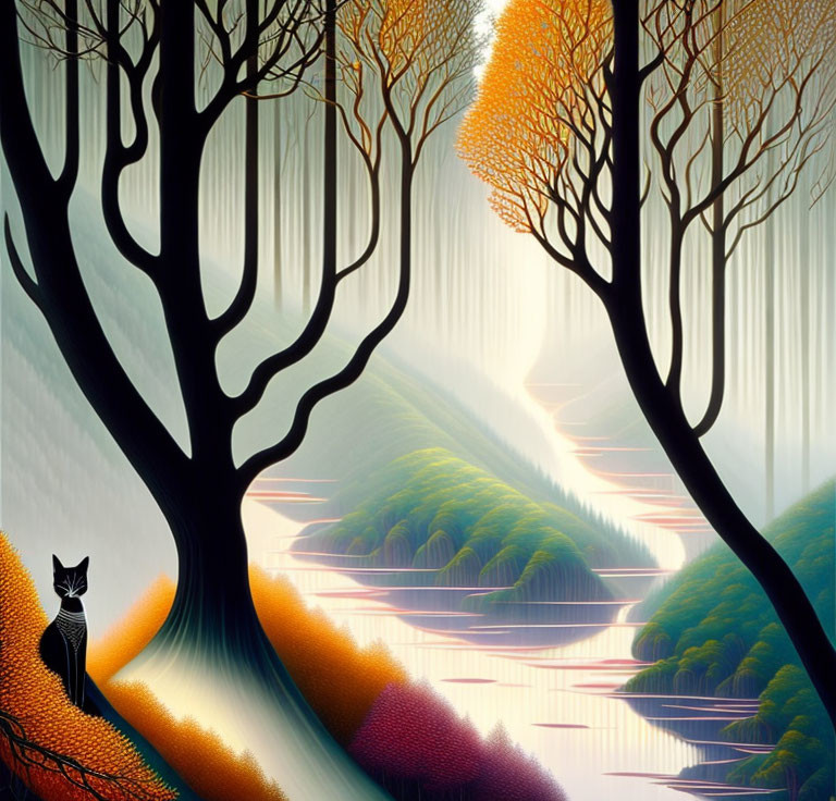 Cat overlooking serene river in autumn forest landscape