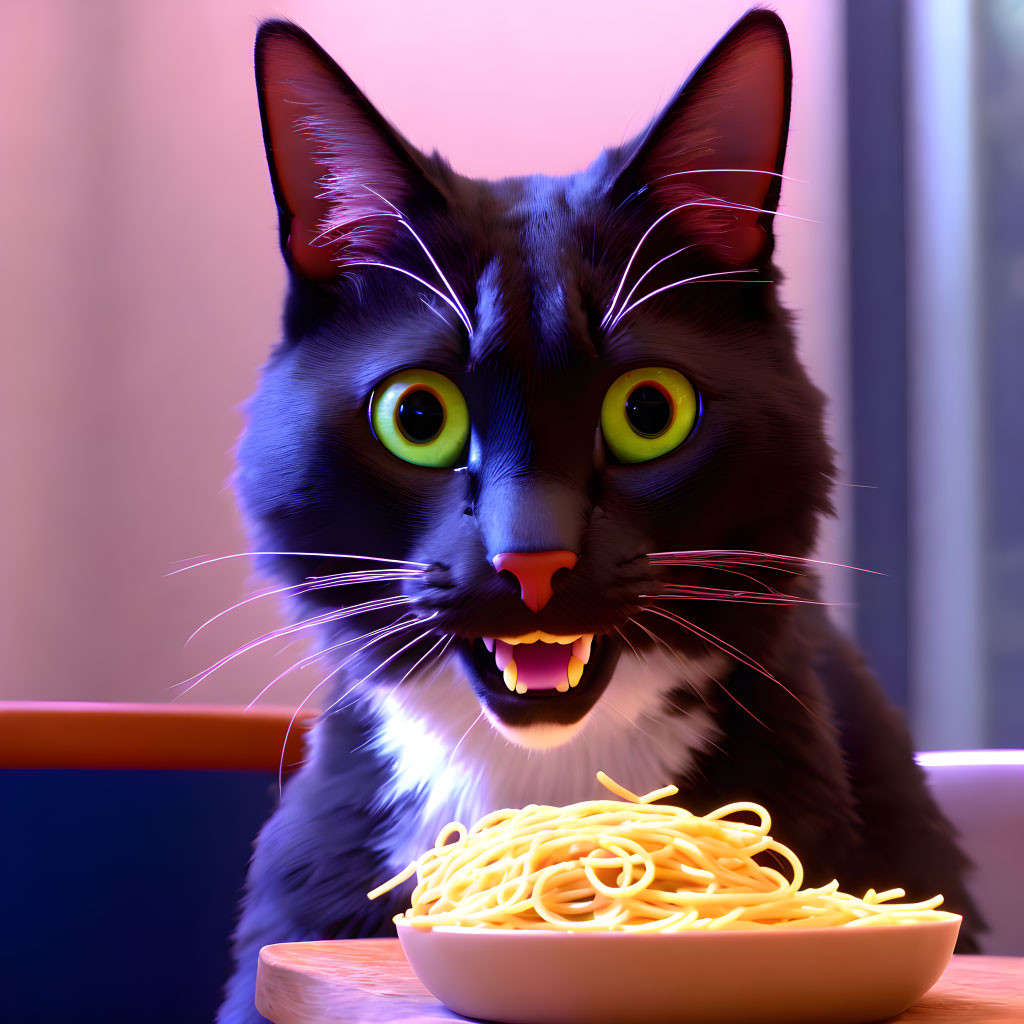 Black and white cat with green eyes staring at spaghetti plate