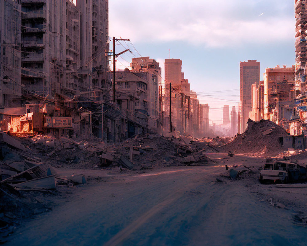 Desolate urban landscape at dusk with destroyed buildings and abandoned vehicles