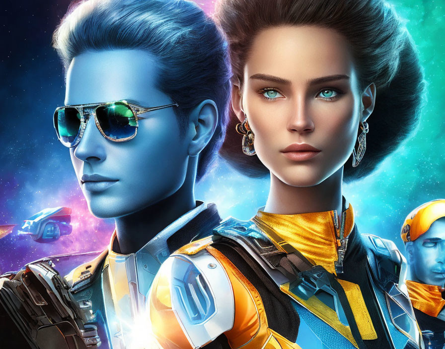 Colorful Image of Male and Female Characters in Futuristic Attire on Space Background