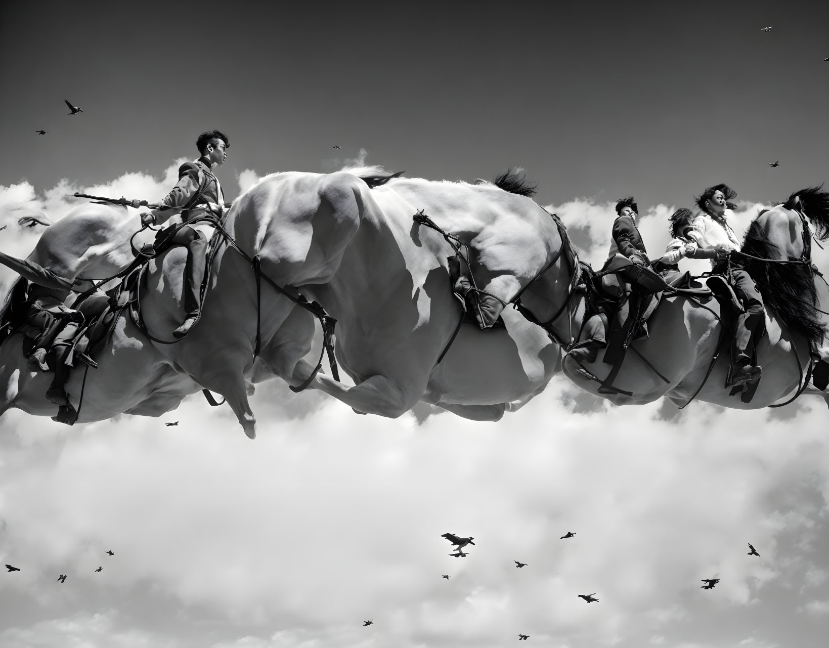Monochromatic image of three horses and riders mid-jump with birds in the sky