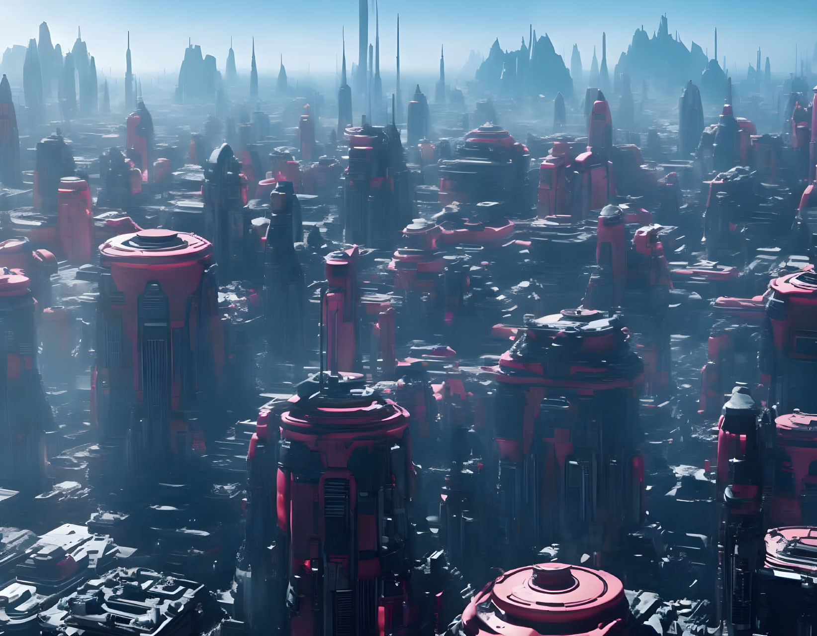 Futuristic cityscape with towering skyscrapers in blue and pink tones