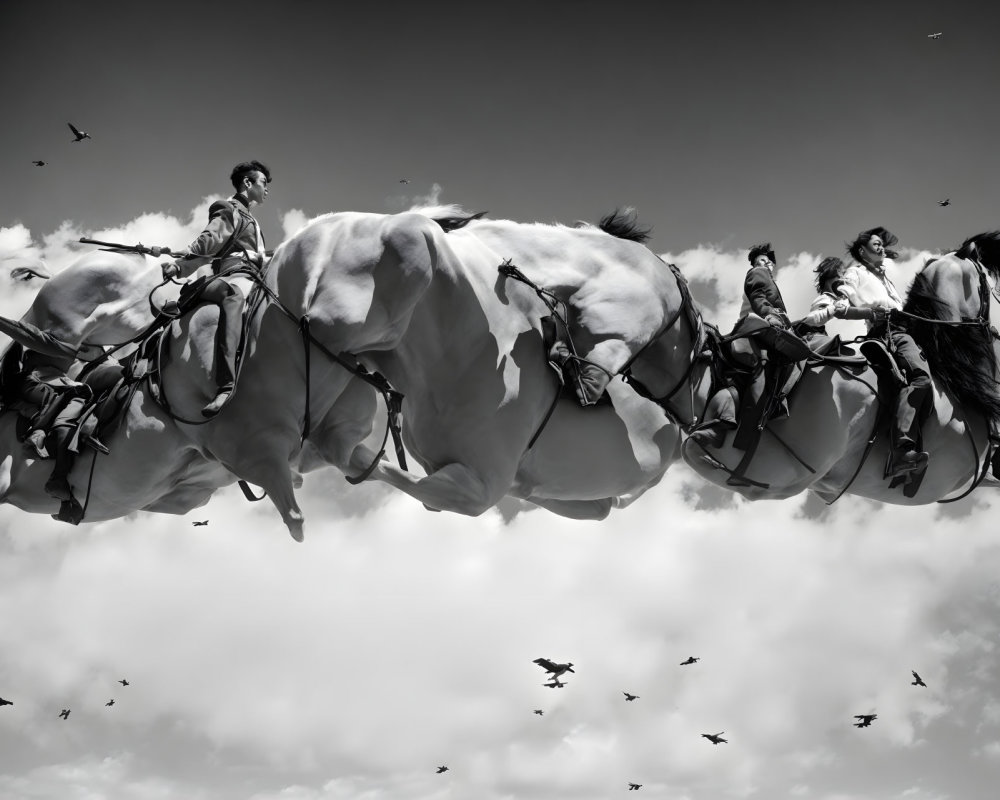 Monochromatic image of three horses and riders mid-jump with birds in the sky
