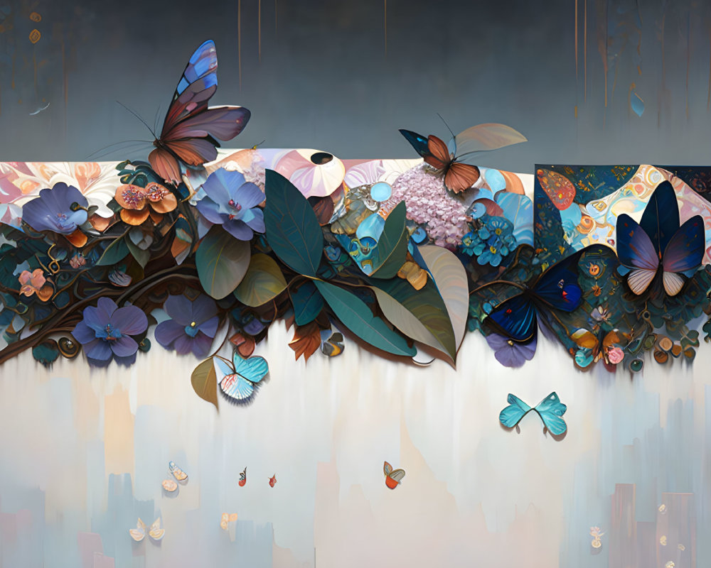Floral tapestry with butterflies and city skyline on cloudy background