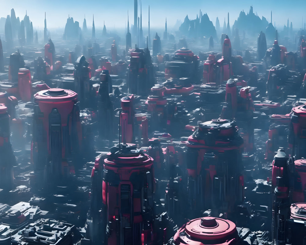 Futuristic cityscape with towering skyscrapers in blue and pink tones