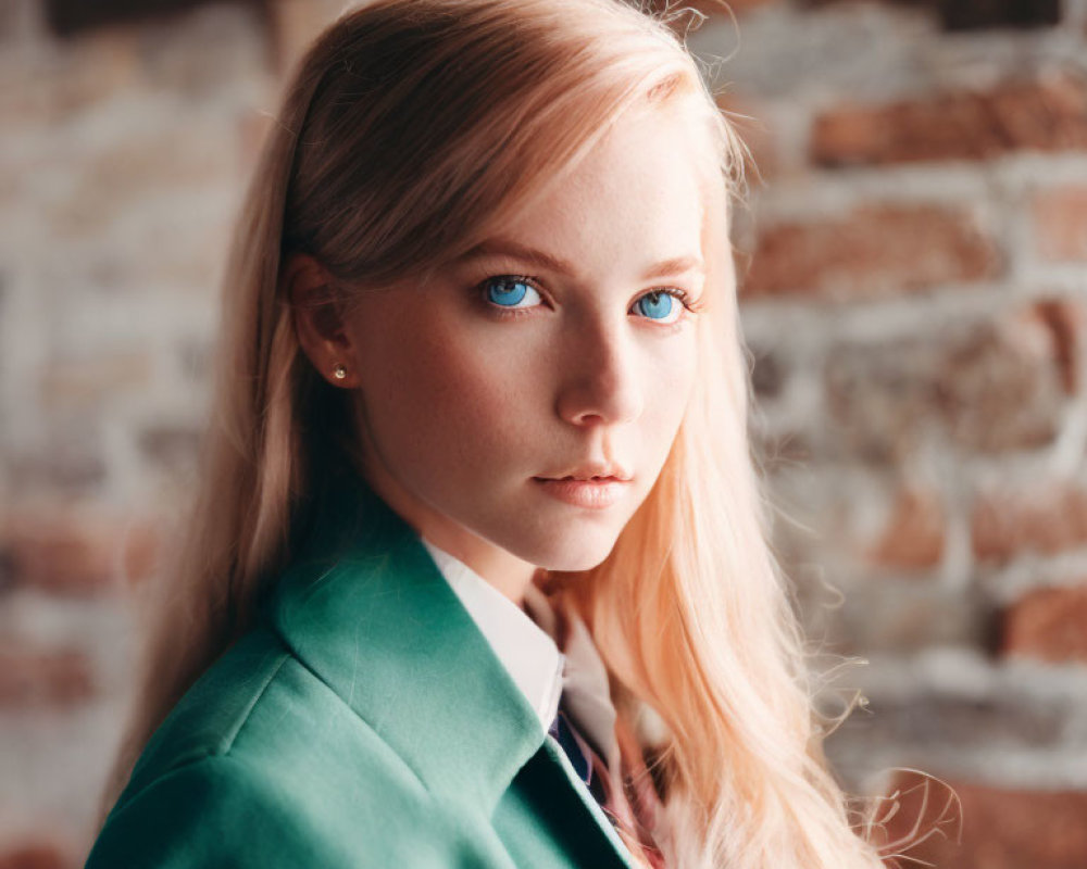 Blonde woman with blue eyes in green blazer against brick wall