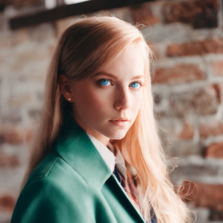 Blonde woman with blue eyes in green blazer against brick wall