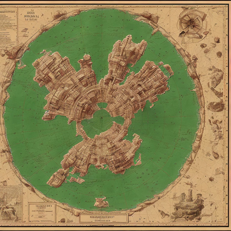 Vintage-style fictional map with circular landmass, city-like structures, green sea, compass, and ship