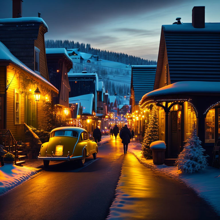Snow-covered houses and vintage car in charming winter town scene