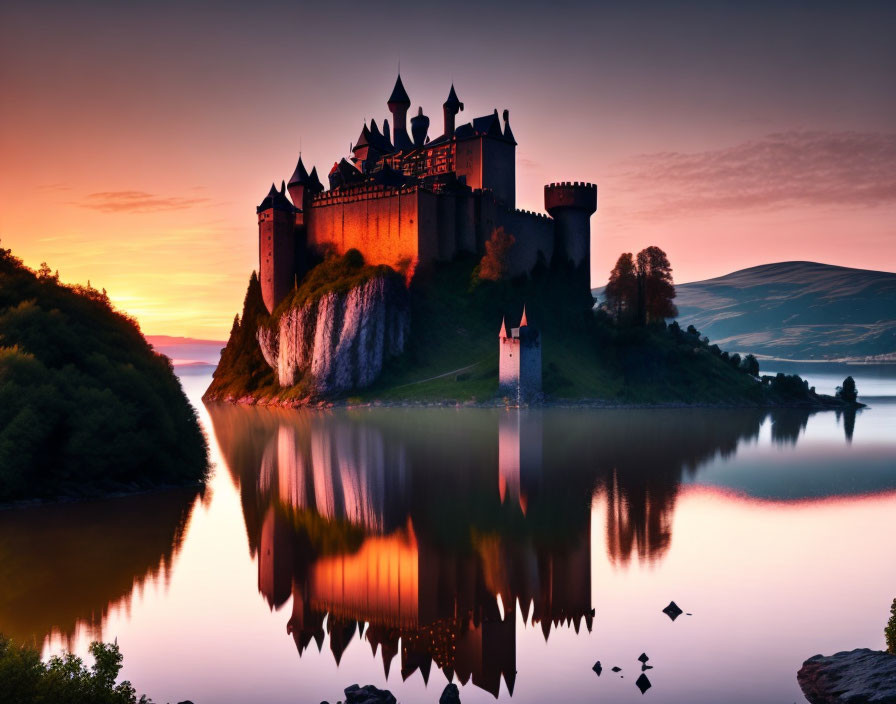 Majestic castle on steep cliff reflected in tranquil river at sunset