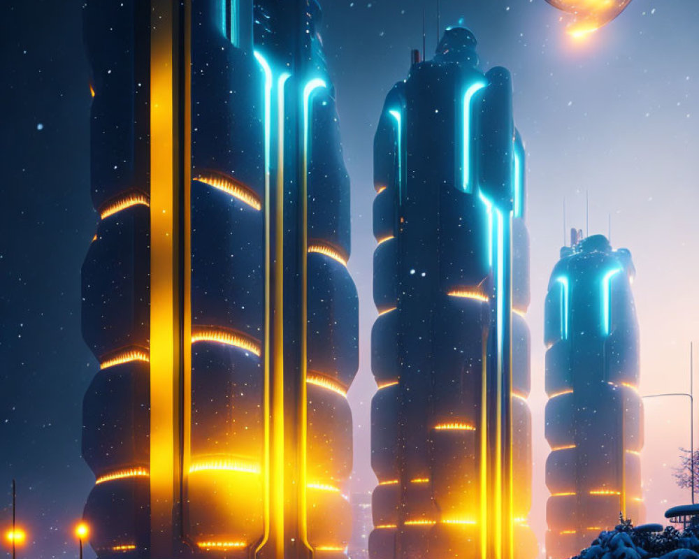 Nighttime futuristic cityscape with neon-lit high-rises, hovering spherical structure, snow-covered streets