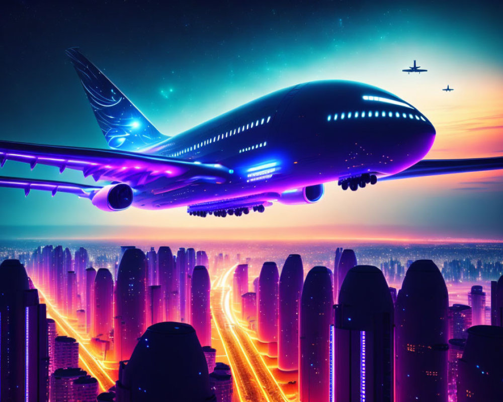 Futuristic airplane flying over neon-lit cityscape at dusk