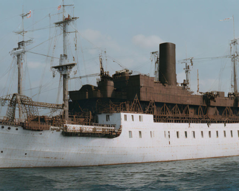 Vintage cargo ship with single smokestack and cranes sailing on calm seas