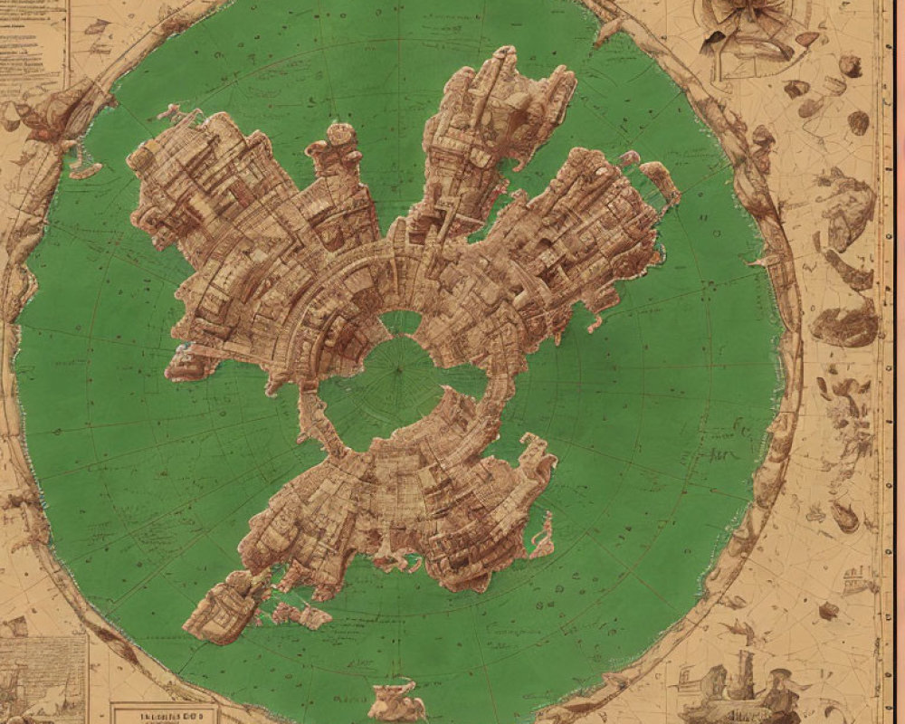 Vintage-style fictional map with circular landmass, city-like structures, green sea, compass, and ship