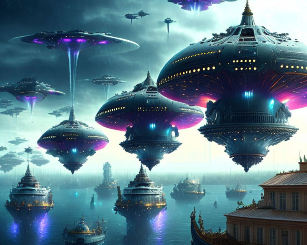 Futuristic cityscape with flying saucers and neon lights over water.
