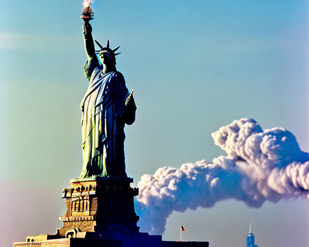 Iconic Statue of Liberty with city skyline silhouette and billowing smoke