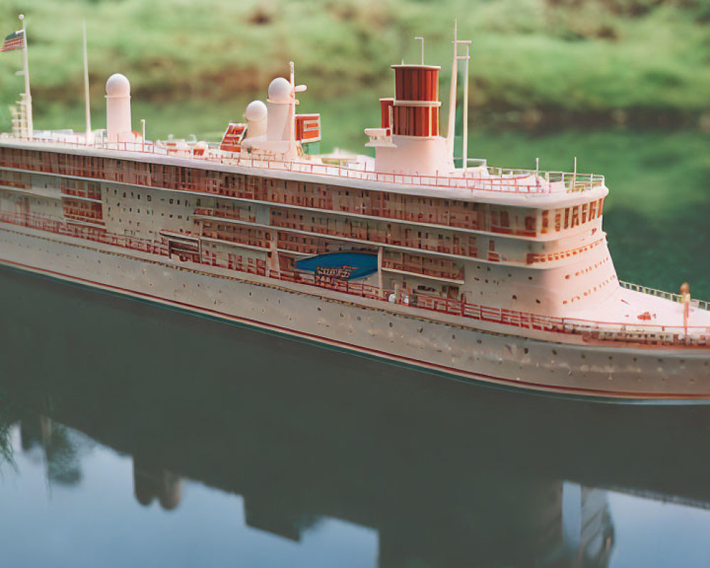 Detailed Vintage Ocean Liner Model with Multiple Decks and Funnel against Serene Water Body and Green