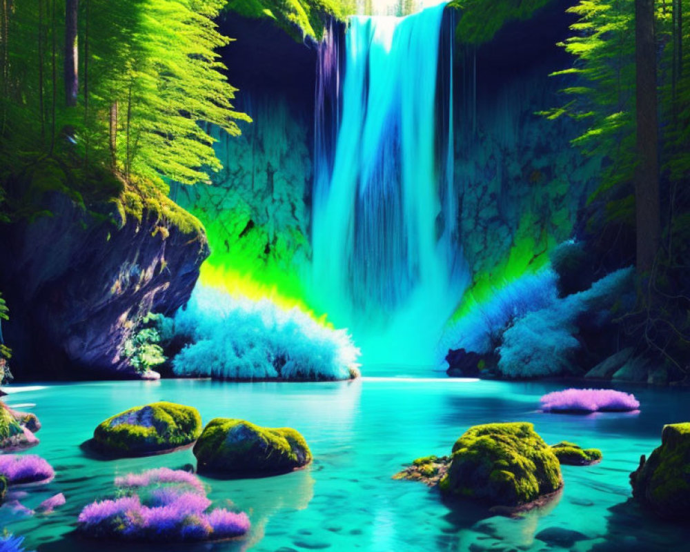 Lush forest waterfall with iridescent blue waters