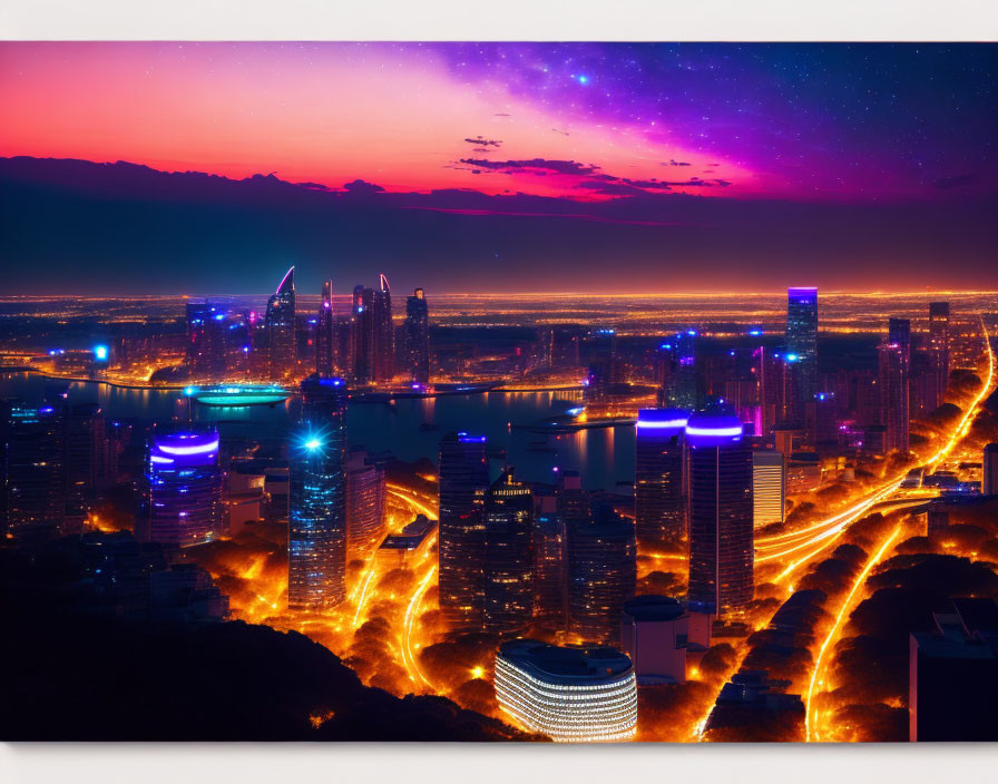 Twilight cityscape with luminous buildings and purple sky