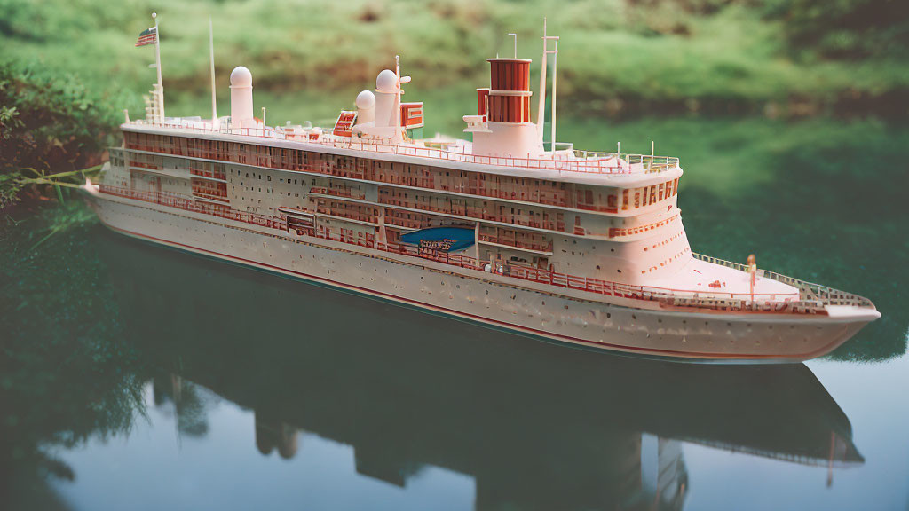 Detailed Vintage Ocean Liner Model with Multiple Decks and Funnel against Serene Water Body and Green