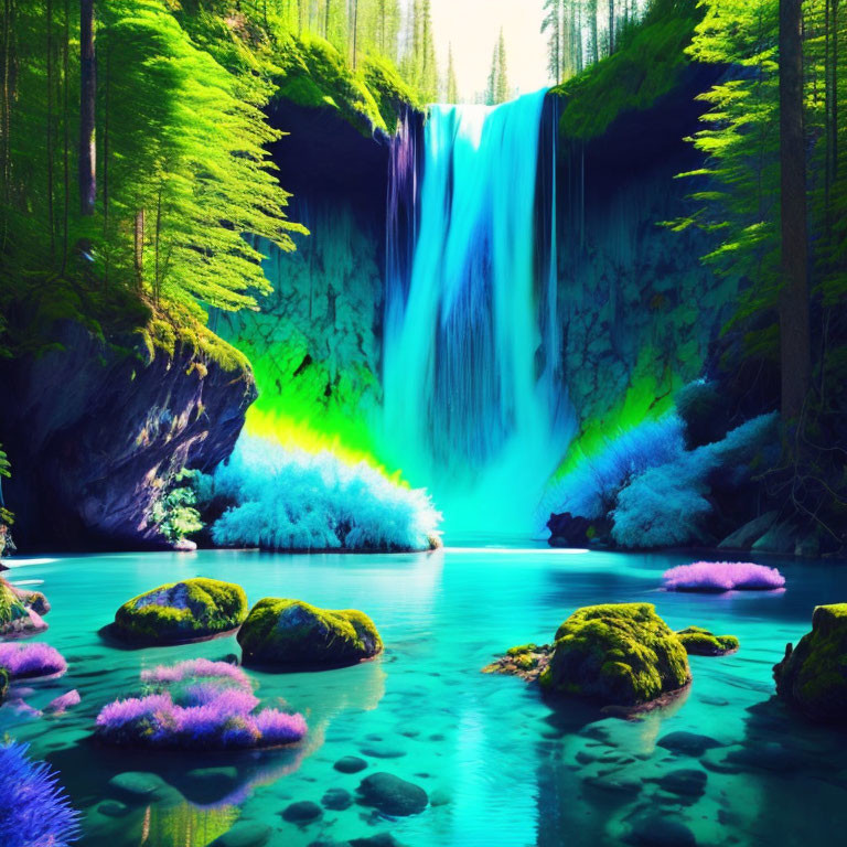 Lush forest waterfall with iridescent blue waters