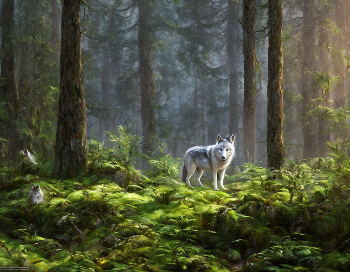 Forest scene with wolf, rabbits, and sunlight filtering through trees