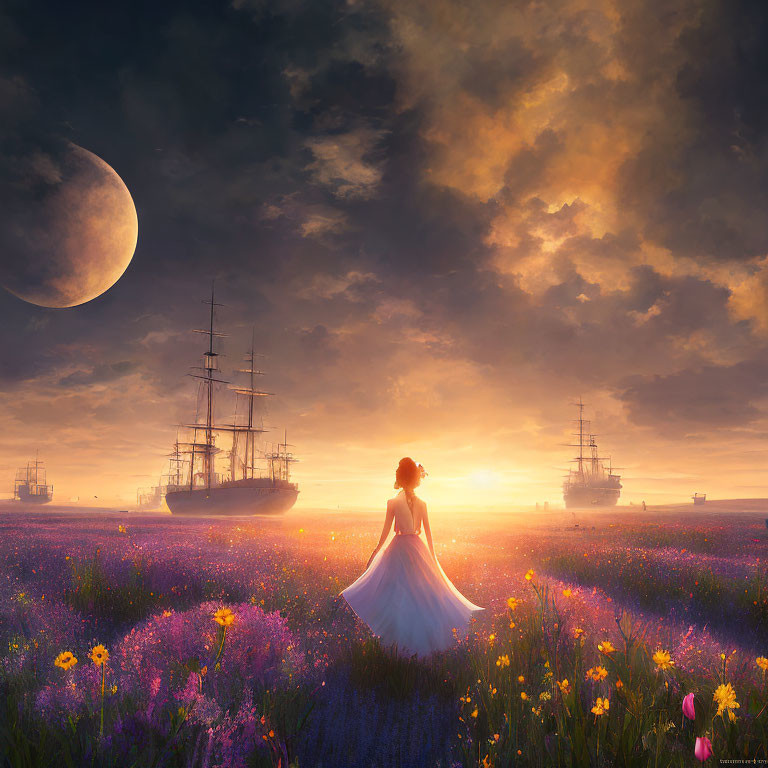 Woman in flowing dress in vibrant flower field at sunset with tall ships and crescent moon.