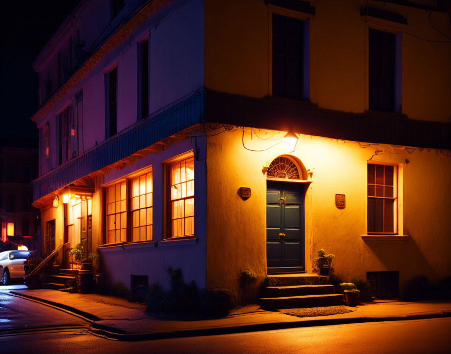 cozy old building in the street at night with dim 