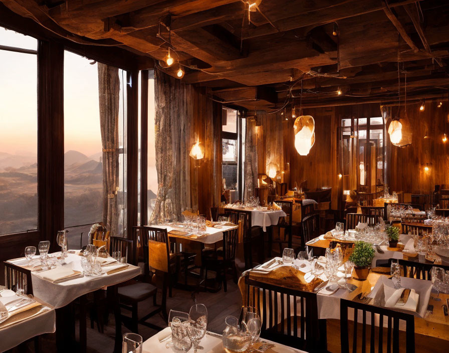 Mountain restaurant with warm wooden interior and panoramic sunset view